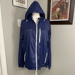 Jack Wolfskin mens blue nylon lightweight hooded jacket windbreaker XXL cool